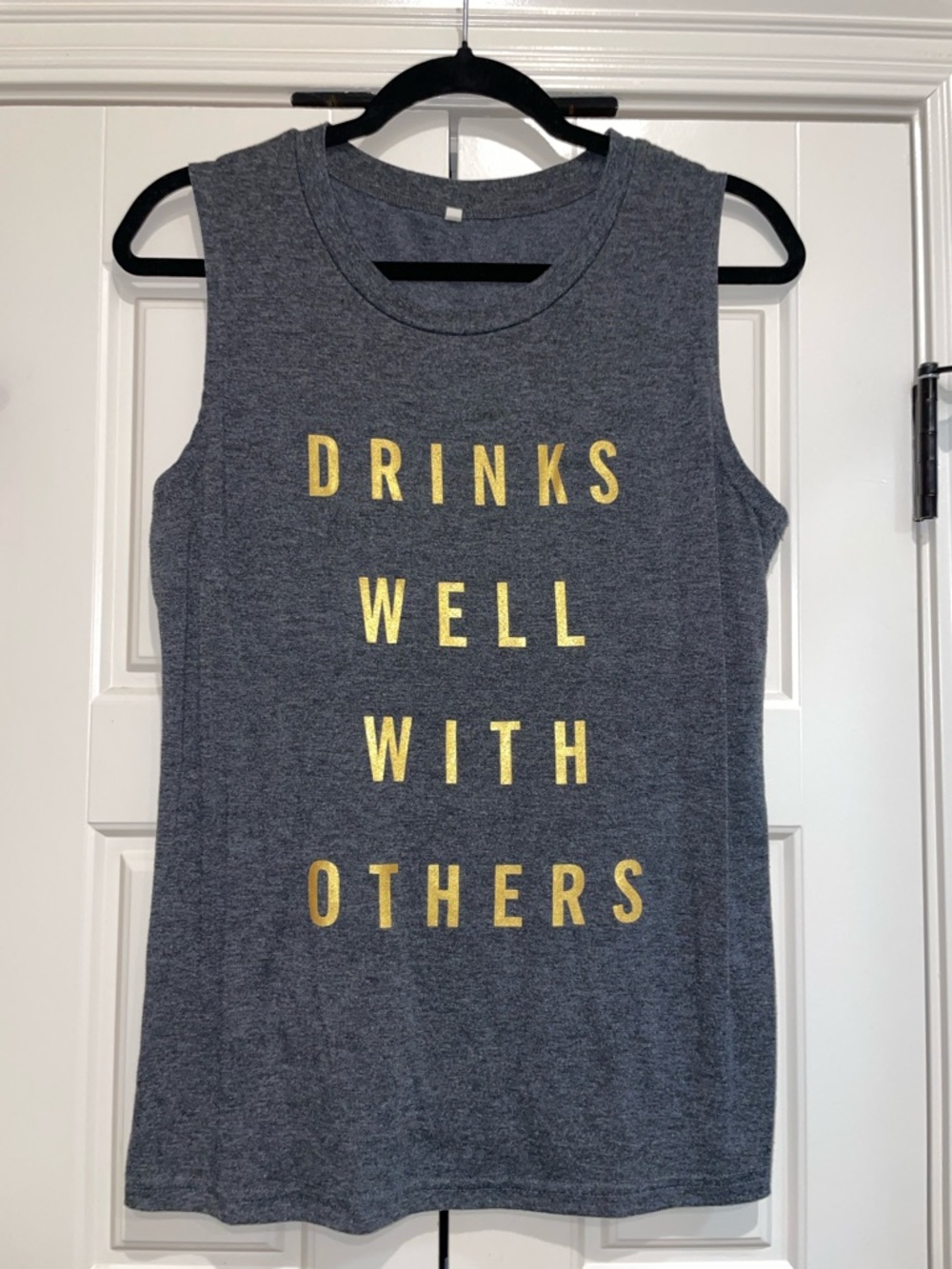 Gray Sleeveless Graphic Tank with Gold Lettering